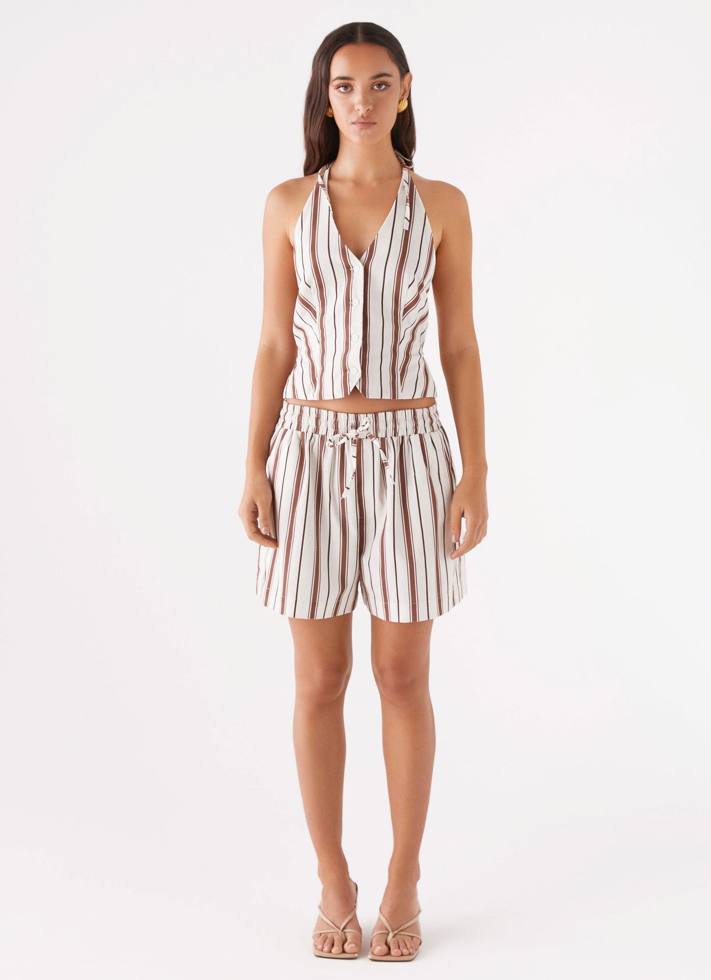Kristen Linen Drawstring Shorts - Brown Stripe